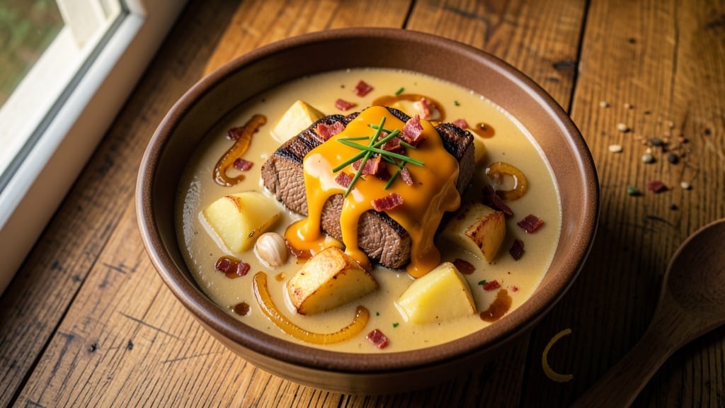 Black Angus Loaded Baked Potato Soup Recipe: Smoky Beef and Cheesy Crown Crunch