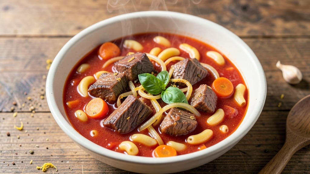 Beefy Tomato Macaroni Soup Recipe: Hearty Beef Chunks and Al Dente Pasta