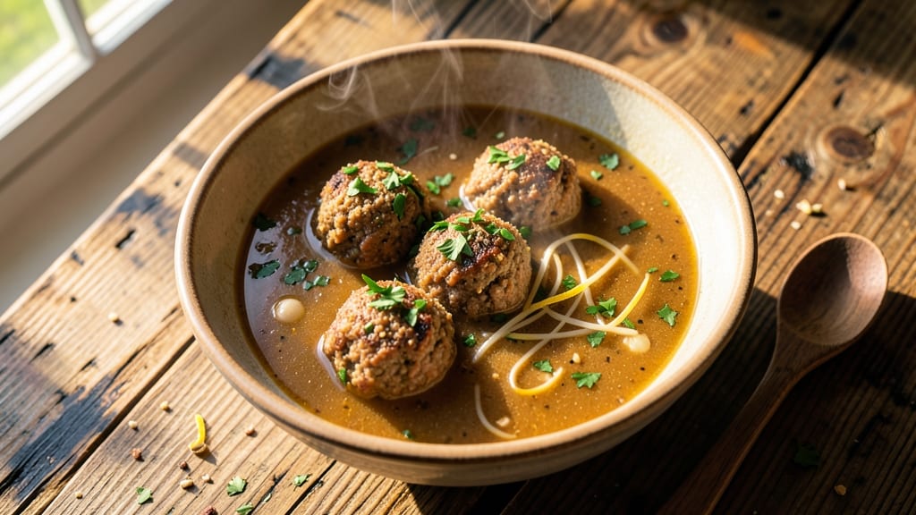 Boulette Soup Recipe: Crispy Meatballs in Savory Tomato-Basil Broth