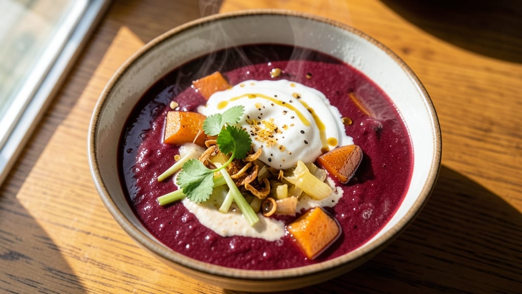 Beet and Sweet Potato Soup Recipe: Earthy-Sweet Blend With Crispy Celery Topping