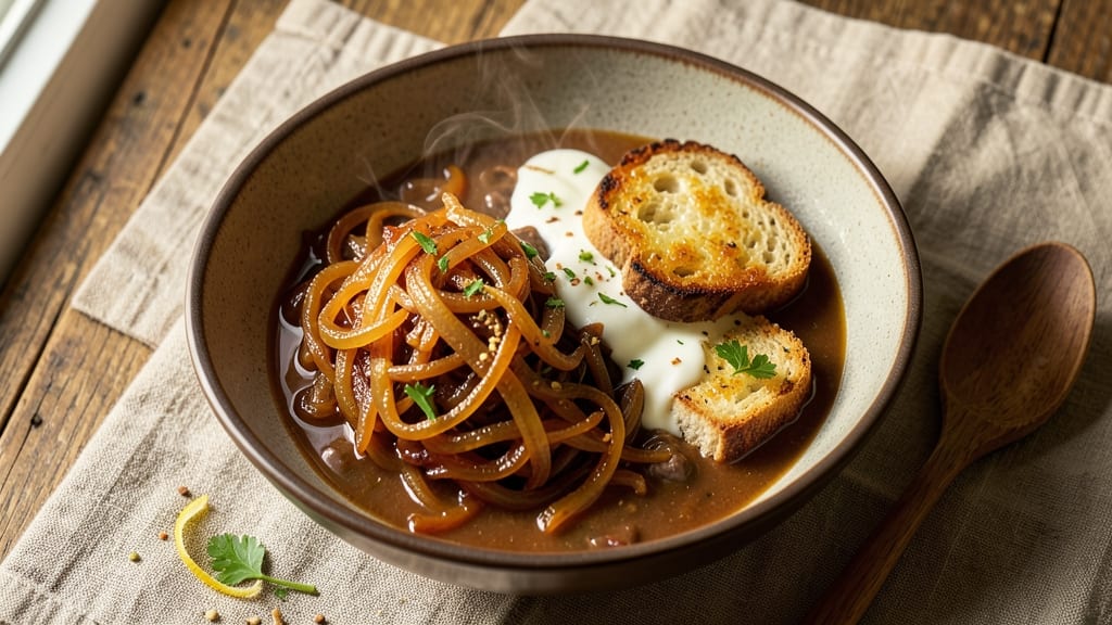 Bobby Flay's Onion Soup Recipe: Crispy Bread Crowns Over Creamy Broth