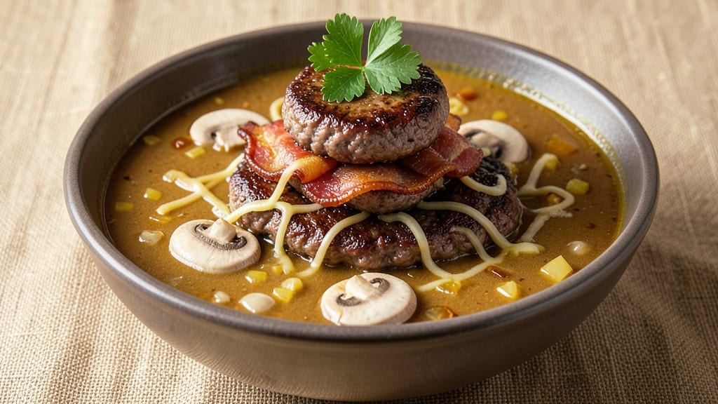 Bacon Mushroom Swiss Cheeseburger Soup Recipe: Crispy Bacon Bites and Melty Gruyère Swirls