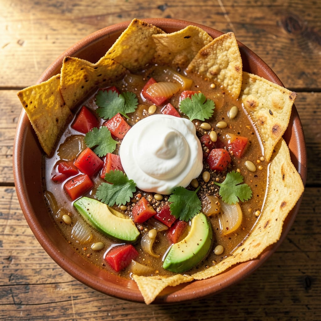 5 Star Tortilla Soup Recipe: Crispy Tortilla Topping and Creamy Avocado Swirl